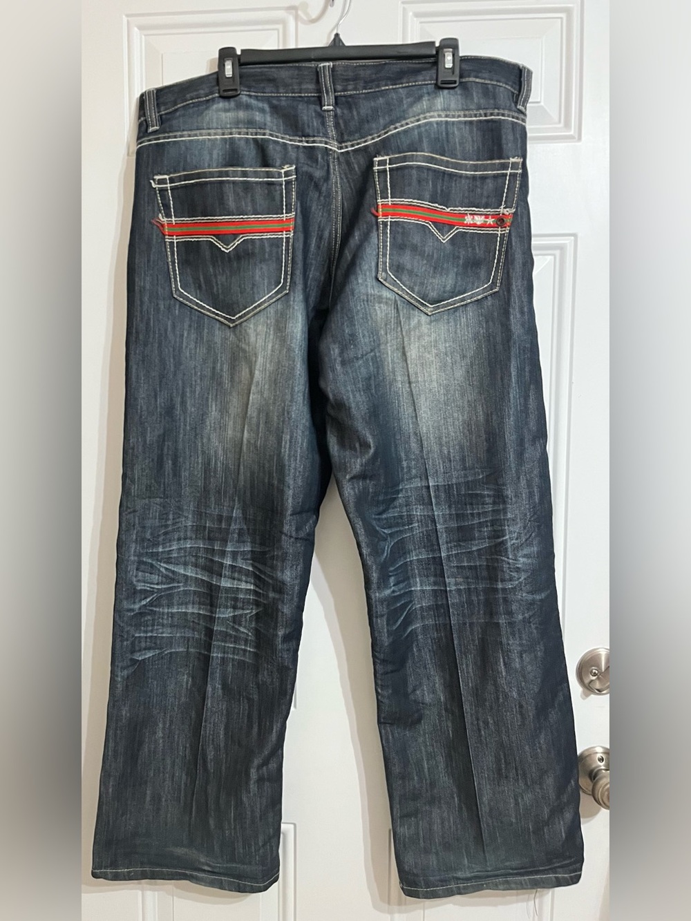 AVIREX Jeans 38x31 Blue Denim Embroidered Pocket Y2K Wide Leg Baggy Streetwear